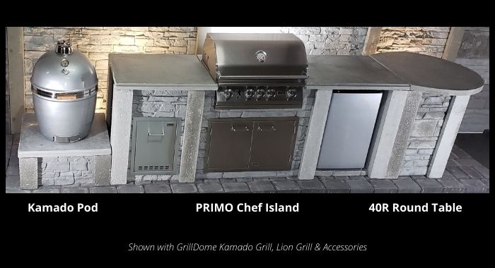 Stone Kitchen Primo Chef Island + Kamado Pod + Round Table