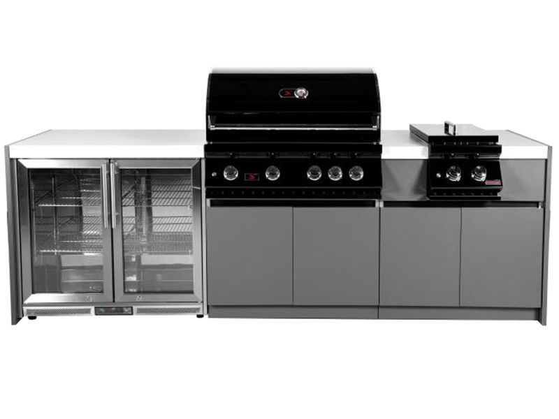 Whistler 4-Burner 102 x 28-Inch Gas Grill Island with Infrared Rear Burner, Refrigerator, Double Side Burner, and Rotisserie Kit - Black Stainless