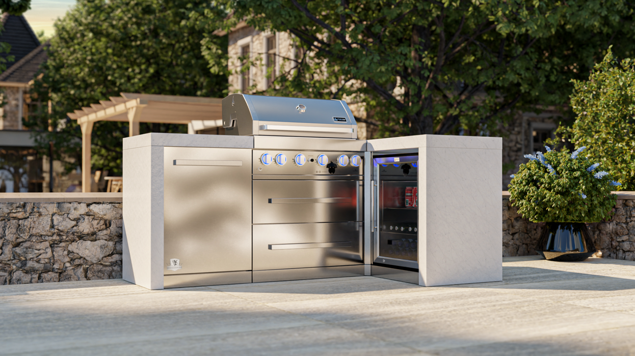 Mont Alpi 4-burner Deluxe Island with a 90-degree corner and a fridge cabinet MAi400-D90FC