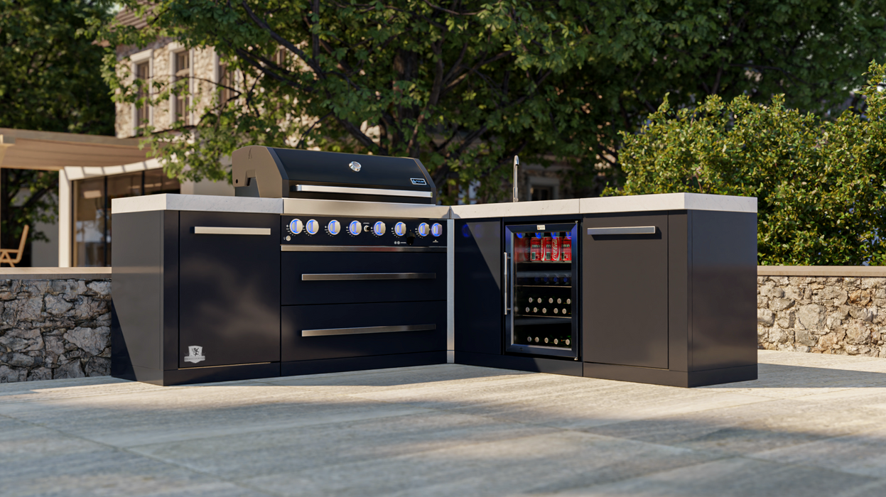 Mont Alpi 805 Black Stainless Steel Island with a 90-degree corner and beverage Center MAi805-BSS90BEV