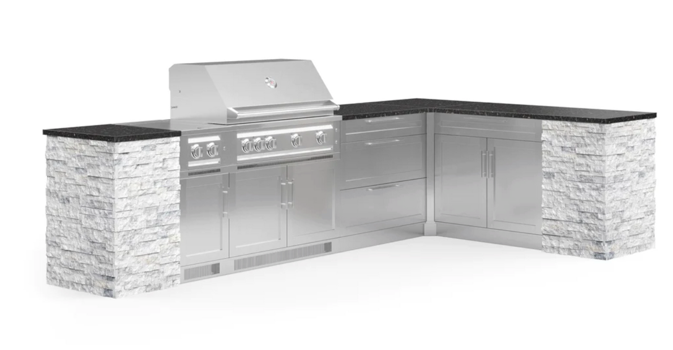 Outdoor Kitchen Signature Series 11 Piece L Shape Cabinet Set with Grill, Dual Side Burner, 3 Drawer and Bar Cabinet