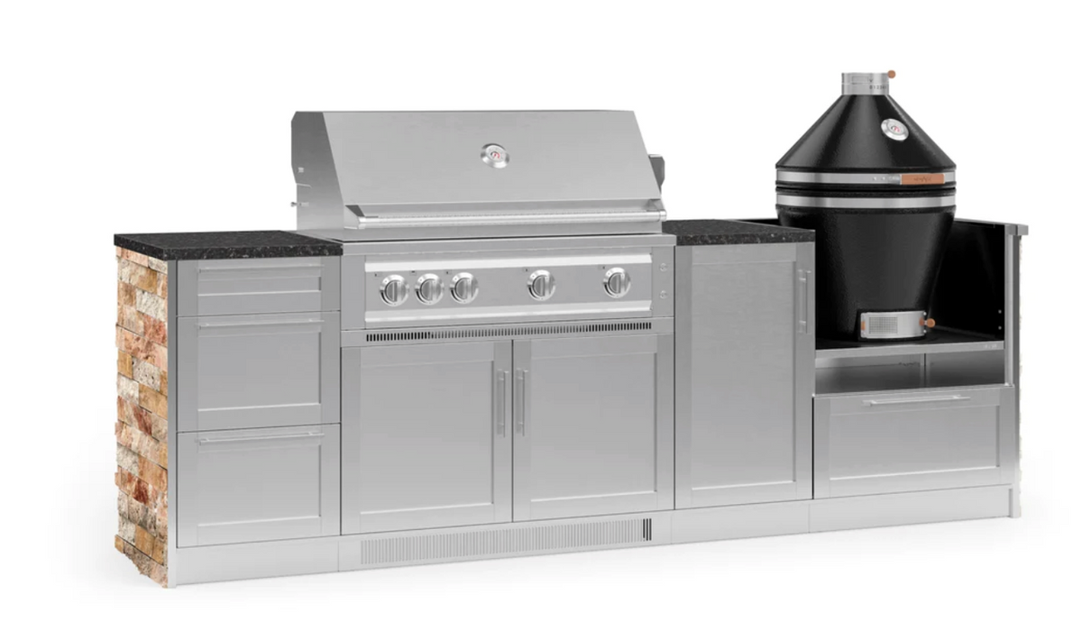Outdoor Kitchen Signature Series 8 Piece Cabinet Set with 3 Drawer, 1 Door, Kamado and Platinum Grill - Granite top