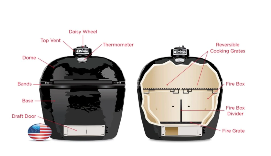 Primo Oval Large 300 Ceramic Kamado Grill On Steel Cart With 2-Piece Island Side Shelves And Stainless Steel Grates