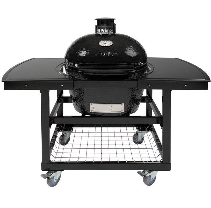 Primo Oval Large 300 Ceramic Kamado Grill On Steel Cart With 2-Piece Island Side Shelves And Stainless Steel Grates