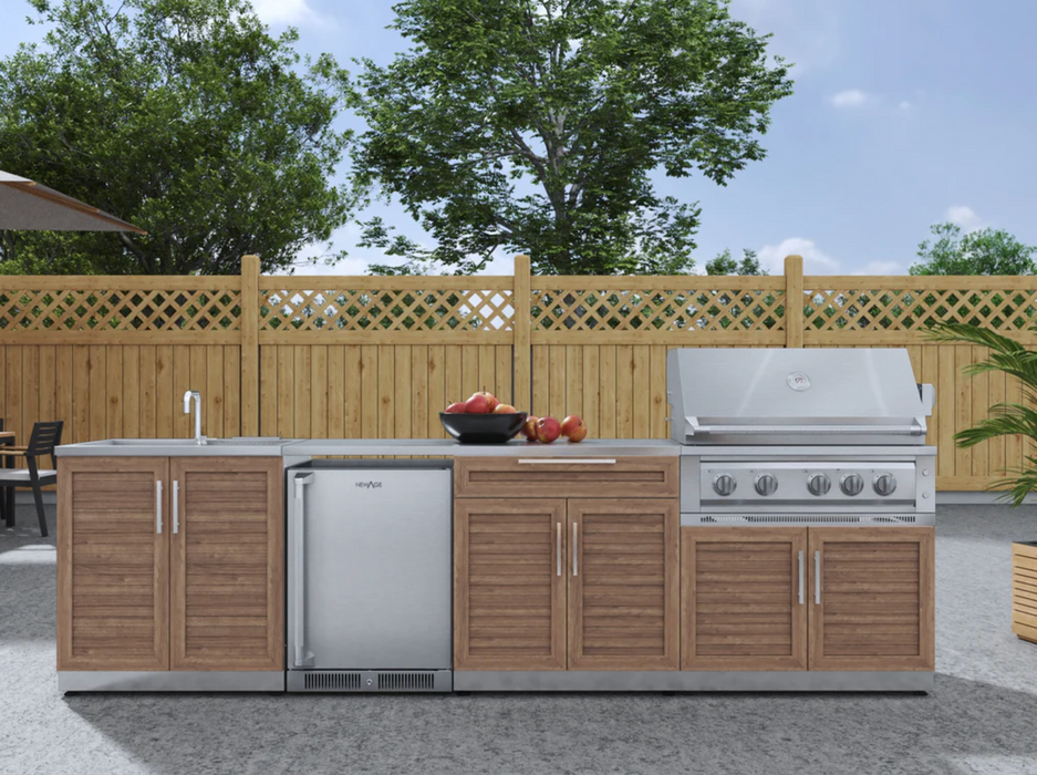 Outdoor Kitchen Stainless Steel 6 Piece Cabinet Set with Sink, Bar, Grill Cabinet, Platinum Grill, and Fridge