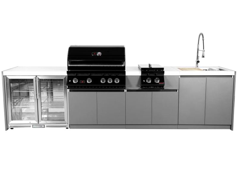 Whistler 4-Burner 133 x 28-Inch Gas Grill Island with Infrared Rear Burner, Refrigerator, Sink, Double Side Burner, and Rotisserie Kit - Black Stainless