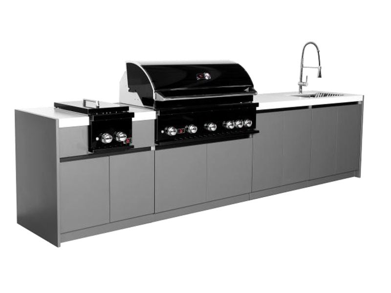 Whistler 5-Burner 135 x 28-Inch Gas Grill Island with Infrared Rear Burner, Sink, Double Side Burner, and Rotisserie Kit - Black Stainless