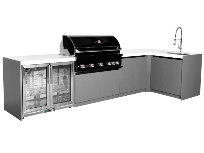 Whistler 5-Burner 140 x 61-Inch Gas Grill Island with 90-Degree Corner, Infrared Rear Burner, Refrigerator, Sink, and Rotisserie Kit - Black Stainless
