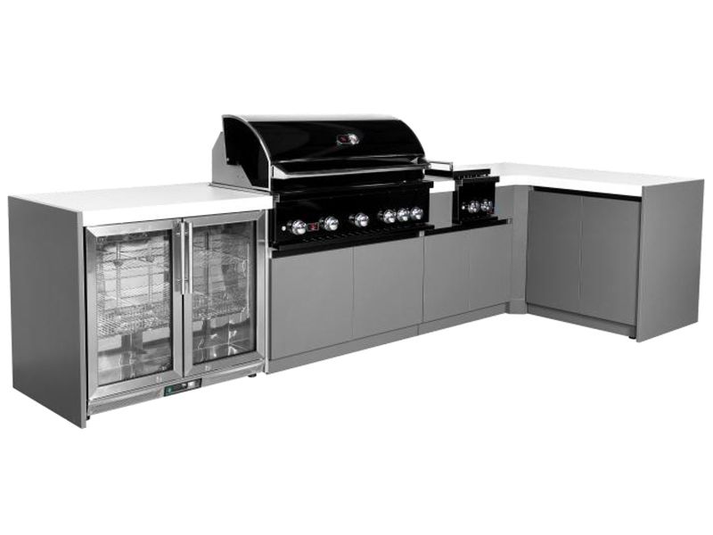 Whistler 5-Burner 140 x 61-Inch Gas Grill Island with 90-Degree Corner, Infrared Rear Burner, Refrigerator, Double Side Burner, and Rotisserie Kit - Black Stainless