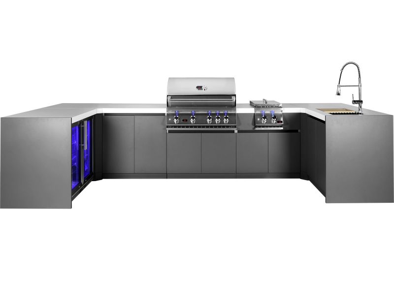 Whistler 4-Burner 155 x 67-Inch Gas Grill Island with Two 90-Degree Corners, Infrared Rear Burner, Refrigerator, Sink, Double Side Burner, and Rotisserie Kit