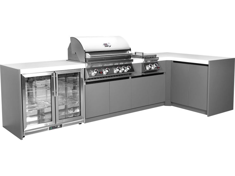 Whistler 4-Burner 132 x 61-Inch Gas Grill Island with 90-Degree Corner, Infrared Rear Burner, Refrigerator, Double Side Burner, and Rotisserie Kit