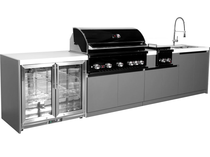 Whistler 5-Burner 141 x 28-Inch Gas Grill Island with Infrared Rear Burner, Refrigerator, Sink, Double Side Burner, and Rotisserie Kit - Black Stainless