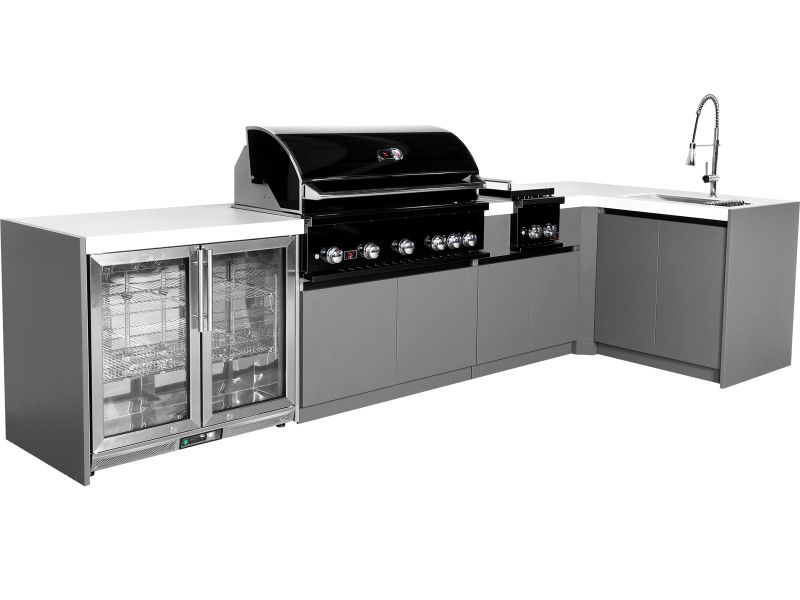 Whistler 5-Burner 140 x 61-Inch Gas Grill Island with 90-Degree Corner, Infrared Rear Burner, Refrigerator, Sink, Double Side Burner, and Rotisserie Kit - Black Stainless