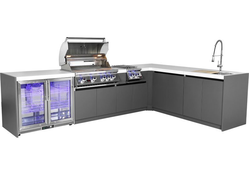 Whistler 4-Burner 132 x 92-Inch Gas Grill Island with 90-Degree Corner, Infrared Rear Burner, Refrigerator, Sink, Double Side Burner, and Rotisserie Kit
