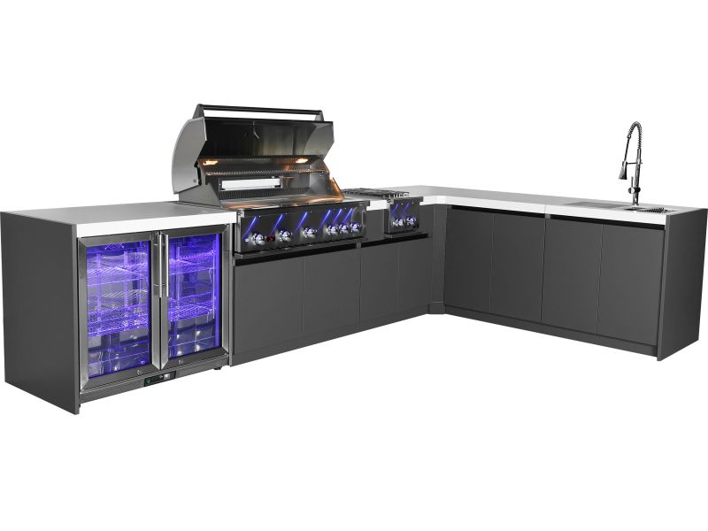 Whistler 5-Burner 140 x 92-Inch Gas Grill Island with 90-Degree Corner, Infrared Rear Burner, Refrigerator, Sink, Double Side Burner, and Rotisserie Kit
