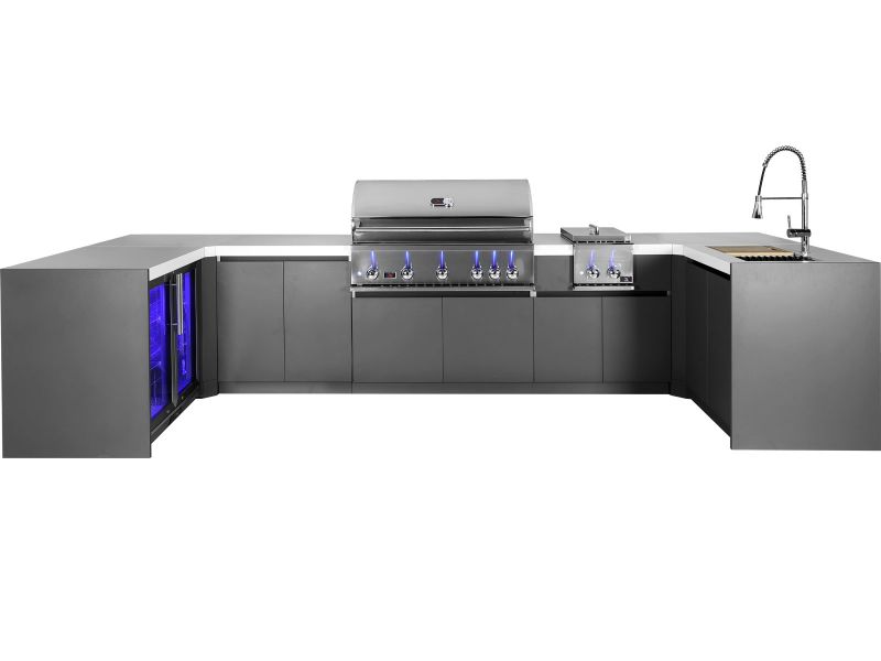 Whistler 5-Burner 163 x 92-Inch Gas Grill Island with Two 90-Degree Corners, Infrared Rear Burner, Refrigerator, Sink, Double Side Burner, and Rotisserie Kit