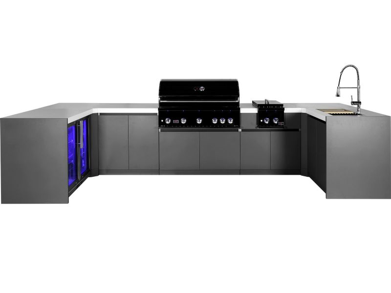 Whistler 5-Burner 163 x 92-Inch Gas Grill Island with Two 90-Degree Corners, Infrared Rear Burner, Refrigerator, Sink, Double Side Burner, and Rotisserie Kit - Black Stainless