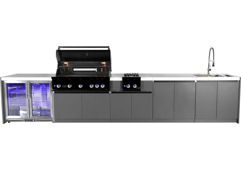 Whistler 5-Burner 172 x 28-Inch Gas Grill Island with Infrared Rear Burner, Refrigerator, Sink, Double Side Burner, and Rotisserie Kit - Black Stainless