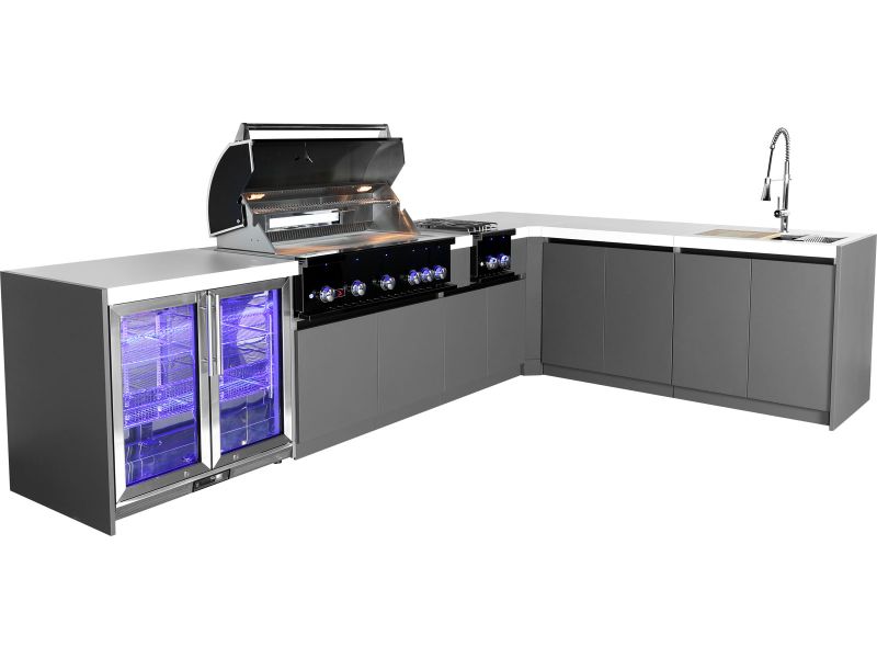 Whistler 5-Burner 140 x 92-Inch Gas Grill Island with 90-Degree Corner, Infrared Rear Burner, Refrigerator, Sink, Double Side Burner, and Rotisserie Kit - Black Stainless