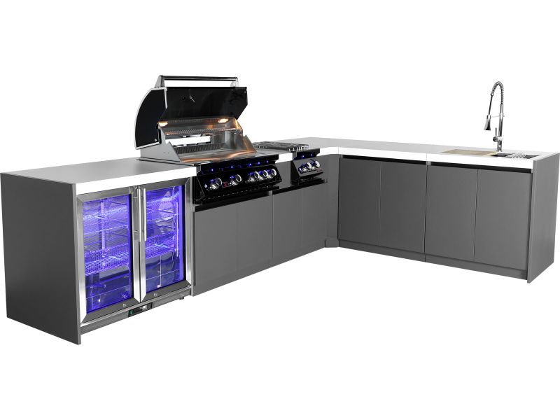 Whistler 4-Burner 132 x 92-Inch Gas Grill Island with 90-Degree Corner, Infrared Rear Burner, Refrigerator, Sink, Double Side Burner, and Rotisserie Kit - Black Stainless