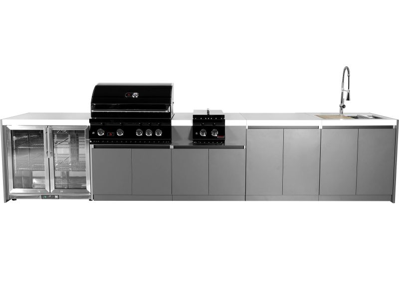 Whistler 4-Burner 164 x 28-Inch Gas Grill Island with Infrared Rear Burner, Refrigerator, Sink, Double Side Burner, and Rotisserie Kit - Black Stainless