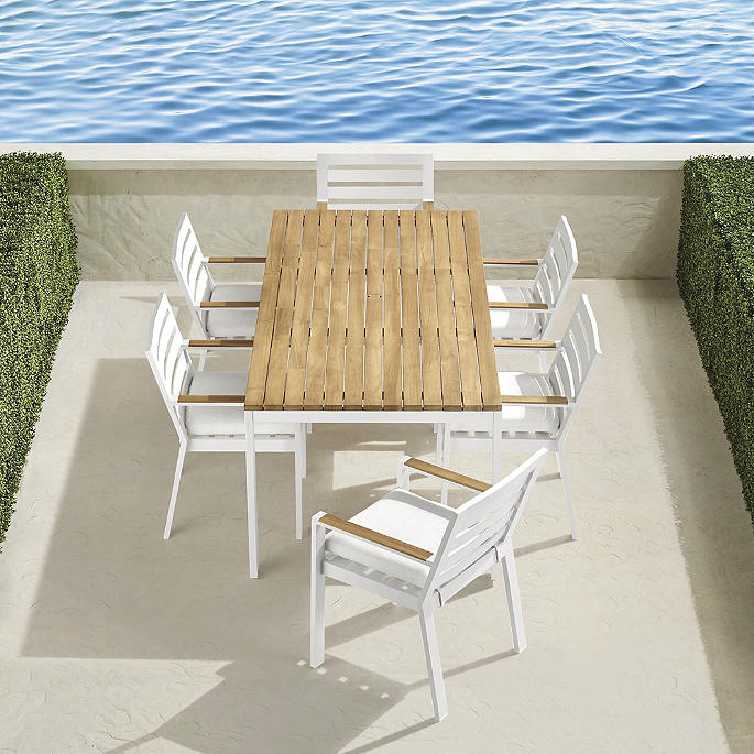 Calhoun 7-pc. Rectangular Aluminum Dining Set in Matte White Finish + Cushions