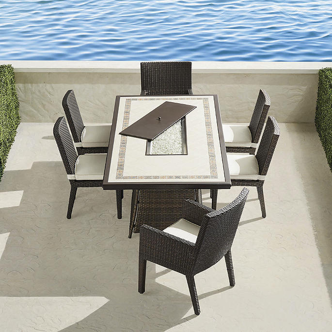 Palermo 7-pc. Dining Fire Table Set in Bronze Finish + Cushions
