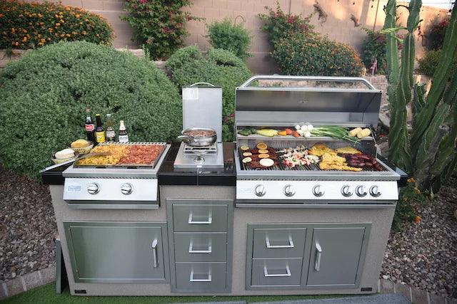 Teppanyaki, Griddle, Built-In BBQ Grill with Side Burner, Storage Drawers 7'6" BBQ GRILL KoKoMo Grills LPG