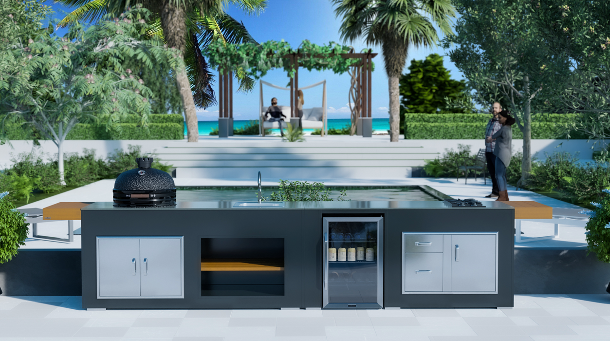 Outdoor Kitchen with Hob, Fridge + Large Primo  + Premium Cover - 14.5F