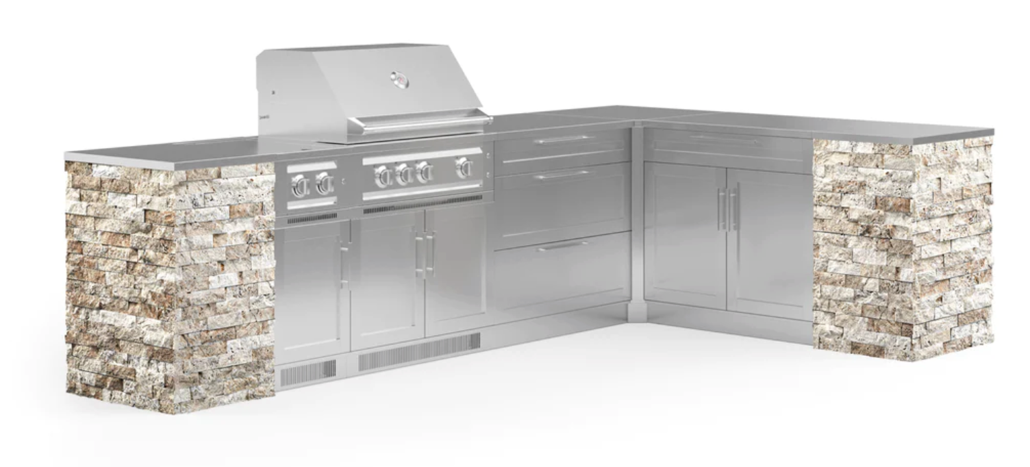 Outdoor Kitchen Signature Series 11 Piece L Shape Cabinet Set with Side Burner & 33'' Grill BBQ GRILL New Age Outdoor Kitchen Signature Series 11 Piece L Shape Cabinet Set with Side Burner- Ivory Travertine Outdoor Kitchen Signature Series 11 Piece L Shape Cabinet Set with Side Burner - LPG