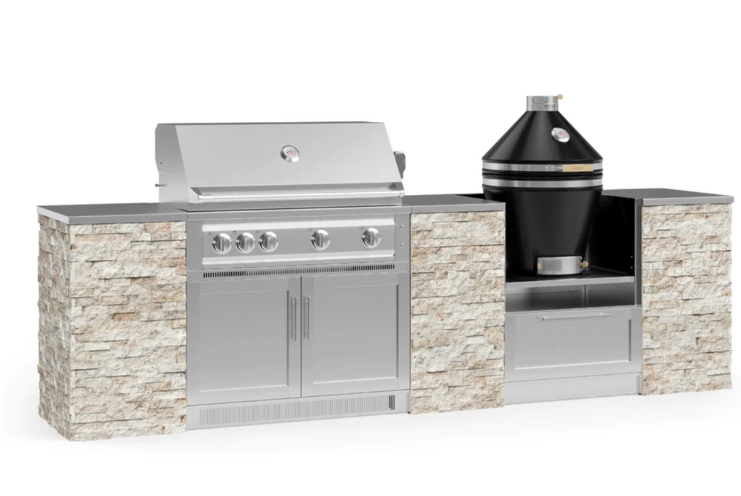 Outdoor Kitchen Signature Series 9 Piece Cabinet Set With Kamado & 40'' Grill BBQ GRILL New Age Outdoor Kitchen Signature Series 9 Piece Cabinet Set With Kamado - Ivory Travertine Outdoor Kitchen Signature Series 9 Piece Cabinet Set With Kamado - LPG