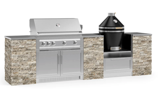 Outdoor Kitchen Signature Series 9 Piece Cabinet Set With Kamado & 40'' Grill BBQ GRILL New Age Outdoor Kitchen Signature Series 9 Piece Cabinet Set With Kamado - Silver Travertine Outdoor Kitchen Signature Series 9 Piece Cabinet Set With Kamado - LPG 