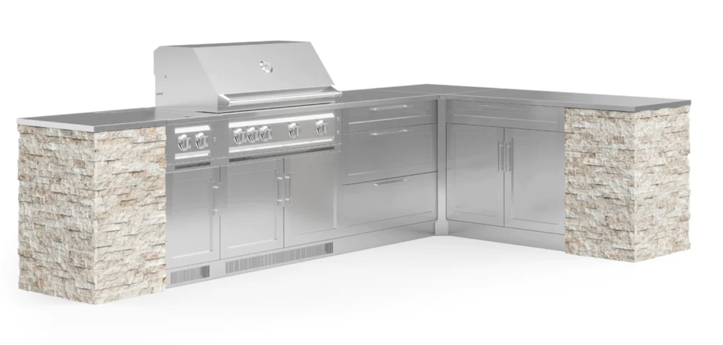 Outdoor Kitchen Signature Series 11 Piece L Shape Cabinet Set with Side Burner & 40'' Grill BBQ GRILL New Age Outdoor Kitchen Signature Series 11 Piece L Shape Cabinet Set with Side Burner- Ivory Travertine Outdoor Kitchen Signature Series 11 Piece L Shape Cabinet Set with Side Burner - LPG