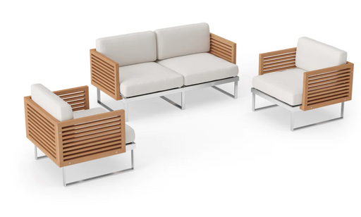 Monterey 4 Seater Chat Set Outdoor Sofas New Age Canvas Natural Stainless Steel Teak 