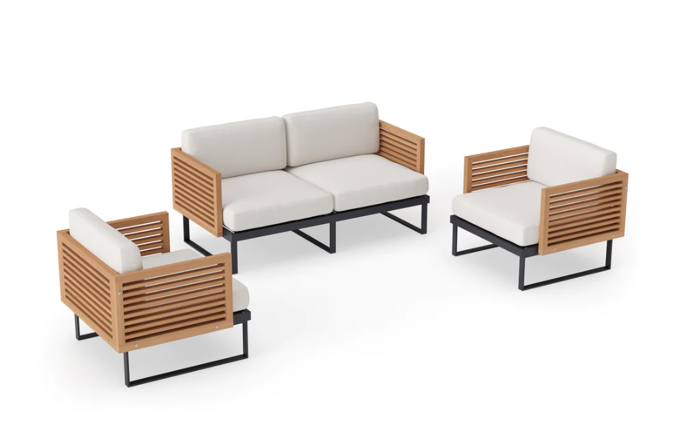 Monterey 4 Seater Chat Set Outdoor Sofas New Age Canvas Natural Aluminum Teak 