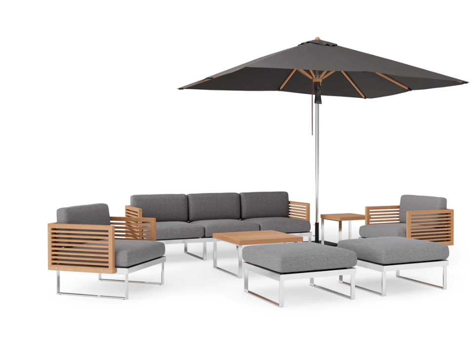 Monterey 8 Piece Chat Set with wide Sofa and Umbrella Outdoor Sofas New Age Cast Slate Stainless Steel Teak