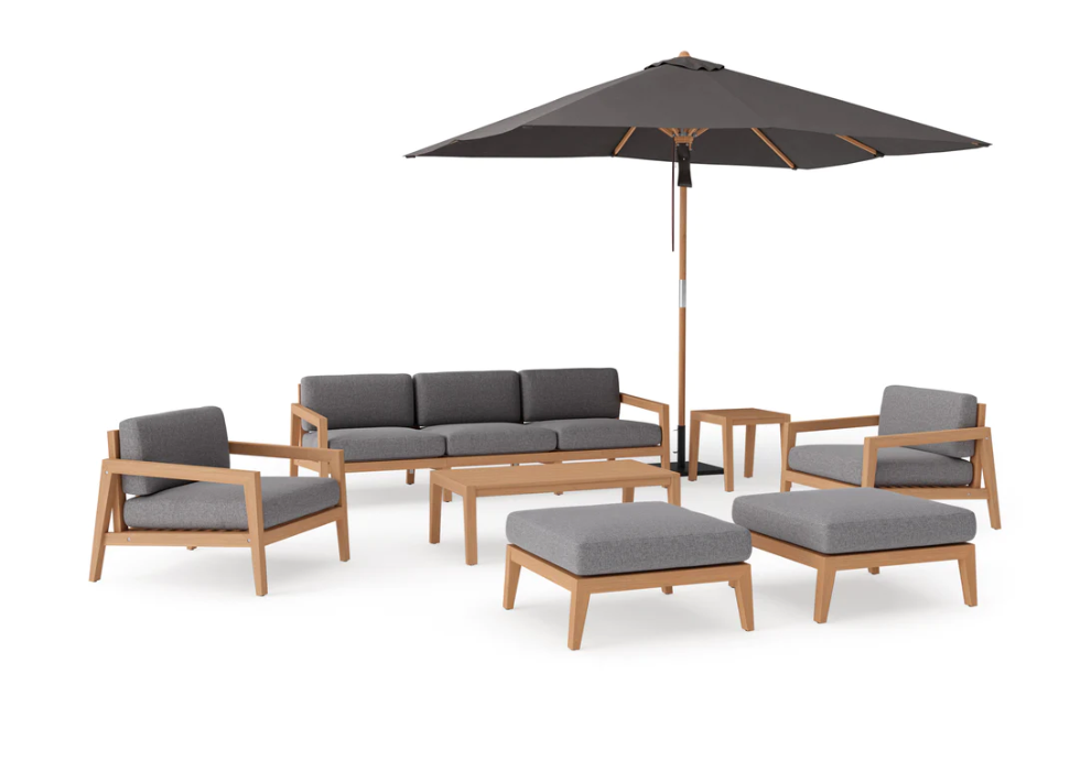 Rhodes 8 Piece Chat Set with 3-Seater Sofa and Umbrella Outdoor Sofas New Age Cast Slate Teak