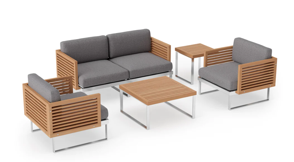 Monterey 4 Seater Chat Set with Coffee Table and Side Table Outdoor Sofas New Age Cast Slate Stainless Steel Teak