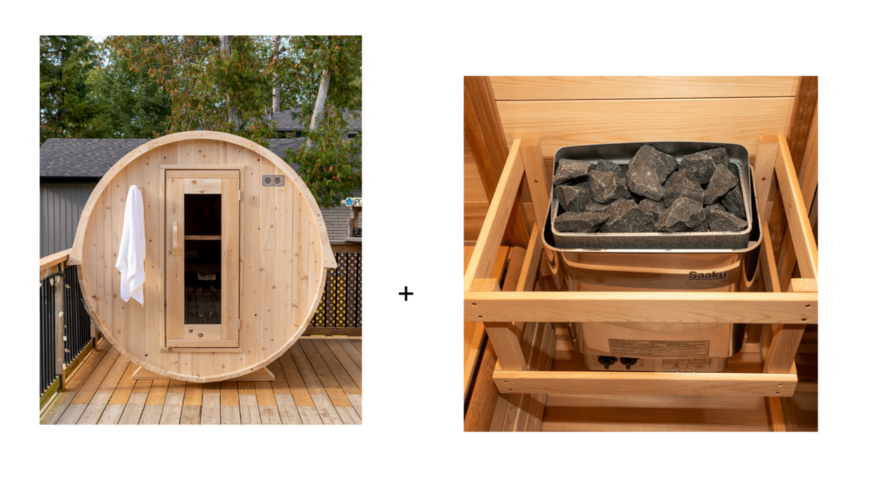 Dundalk 4 Person White Cedar Outdoor Sauna Harmony | 2-4 People | Wood or Electric Heater  Dundalk Leisurecraft Dundalk 4 Person White Cedar Outdoor Sauna Harmony + Saaku Electric Heater - 8KW with Rocks  