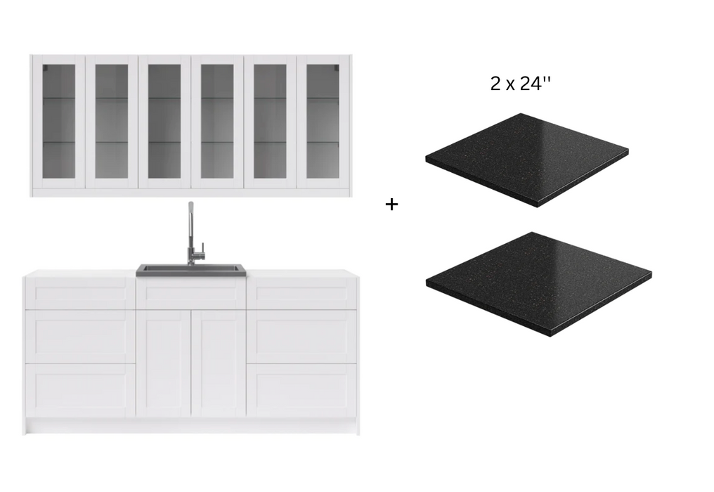 Home Wet Bar 8 Piece Cabinet Set with Drawer, 24 in. Sink and Faucet - 24 Inch furniture New Age White Black Galaxy Countertop 