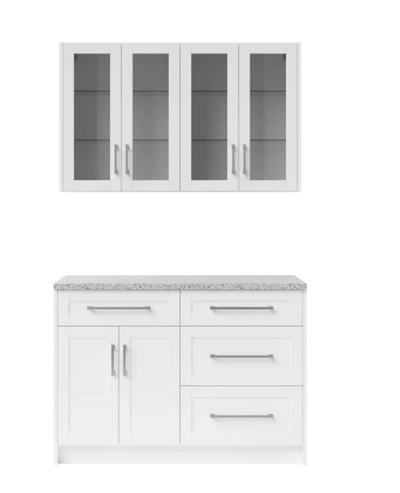 Home Bar 5 Piece Cabinet Set with Granite Countertop and Glass Doors - 24 Inch furniture New Age White  