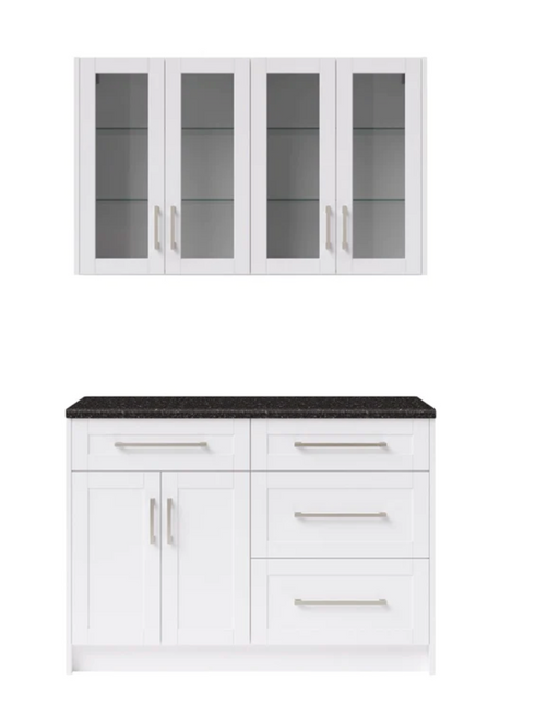 Home Bar 5 Piece Cabinet Set with Granite Countertop and Glass Doors - 24 Inch furniture New Age White  