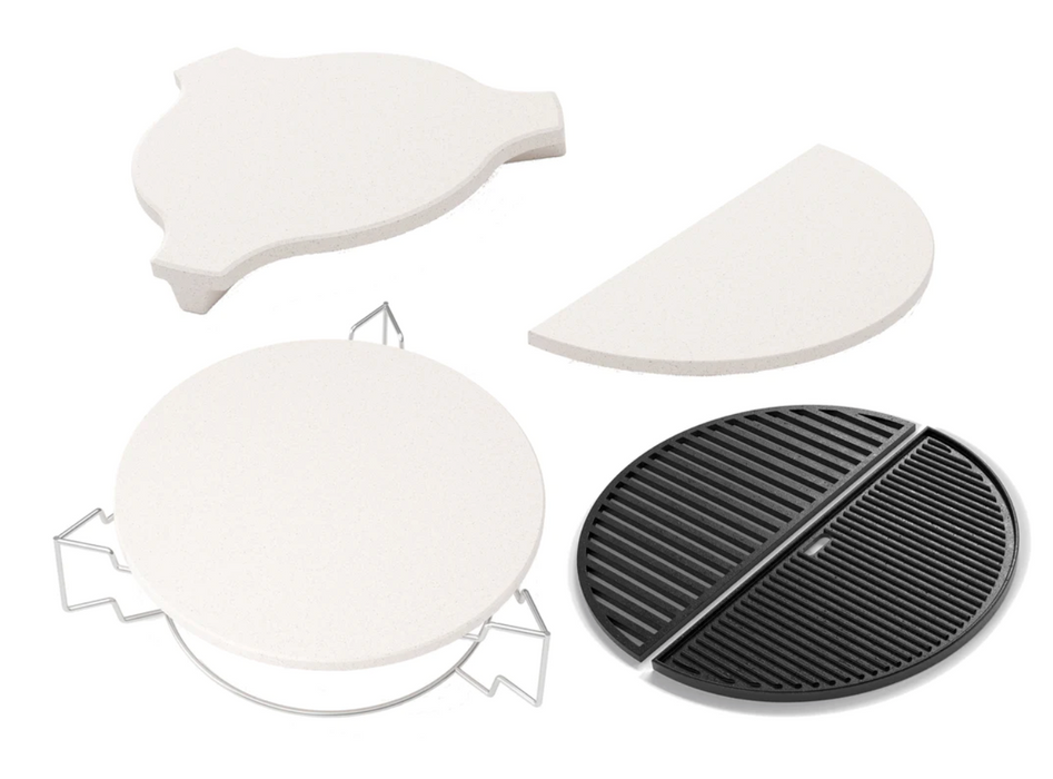 Outdoor Kitchen Kamado 4-Piece Bundle (22 in. Pizza Stone Assembly, 22 in. Cast Iron Griddle, 18 in. Heat Diffuser, 18 in. Half Moon Heat Diffuser) BBQ GRILL New Age