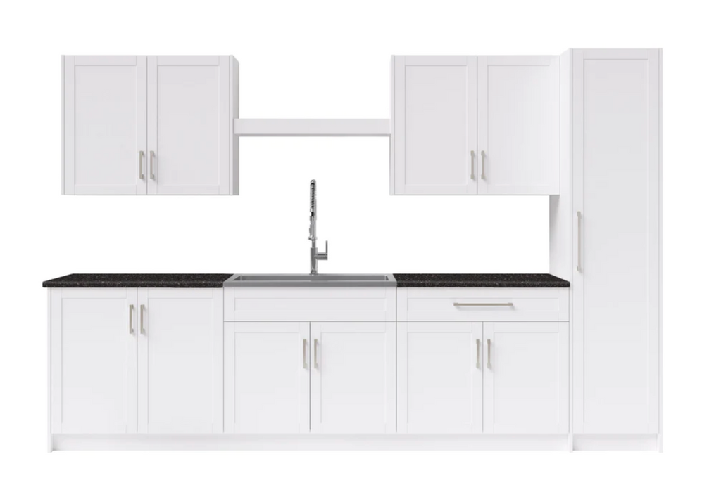 Home Laundry Room 11 Piece Cabinet Set with Granite Countertops Centered Shelf, Sink and Faucet Cabinets & Storage New Age White