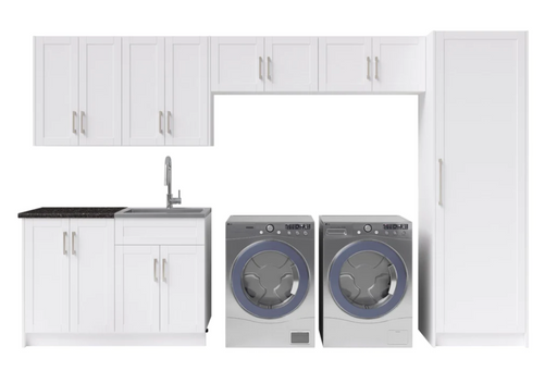Home Laundry Room 10 Piece Cabinet Set with Pantry Cabinet, 24 in. Sink and Faucet Cabinets & Storage New Age White  