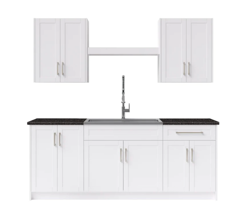 Home Laundry Room 10 Piece Cabinet Set with Granite Countertops, Centered Shelf and Sink Cabinets & Storage New Age White