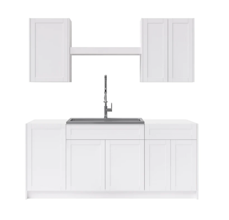 Home Laundry Room 8 Piece Cabinet Set with Single Drawer Cabinet, Sink, Faucet and Shelf Cabinets & Storage New Age White