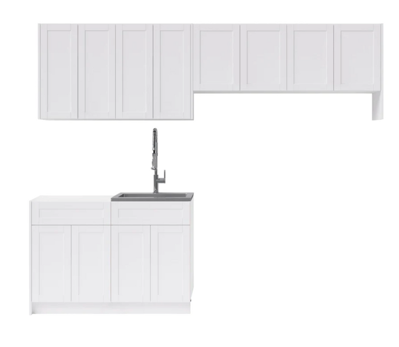 Home Laundry Room 8 Piece Cabinet Set with Single Drawer Cabinet, Sink and Faucet Cabinets & Storage New Age White