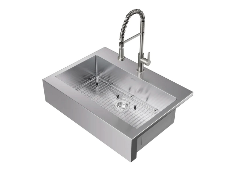 36 in. Farmhouse Sink with Coiled Pull Down Faucet Cabinets & Storage New Age Brushed Nickel