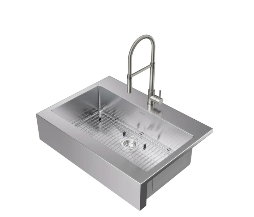 36 in. Farmhouse Sink with Flex Pull Down Faucet Cabinets & Storage New Age Brushed Nickel